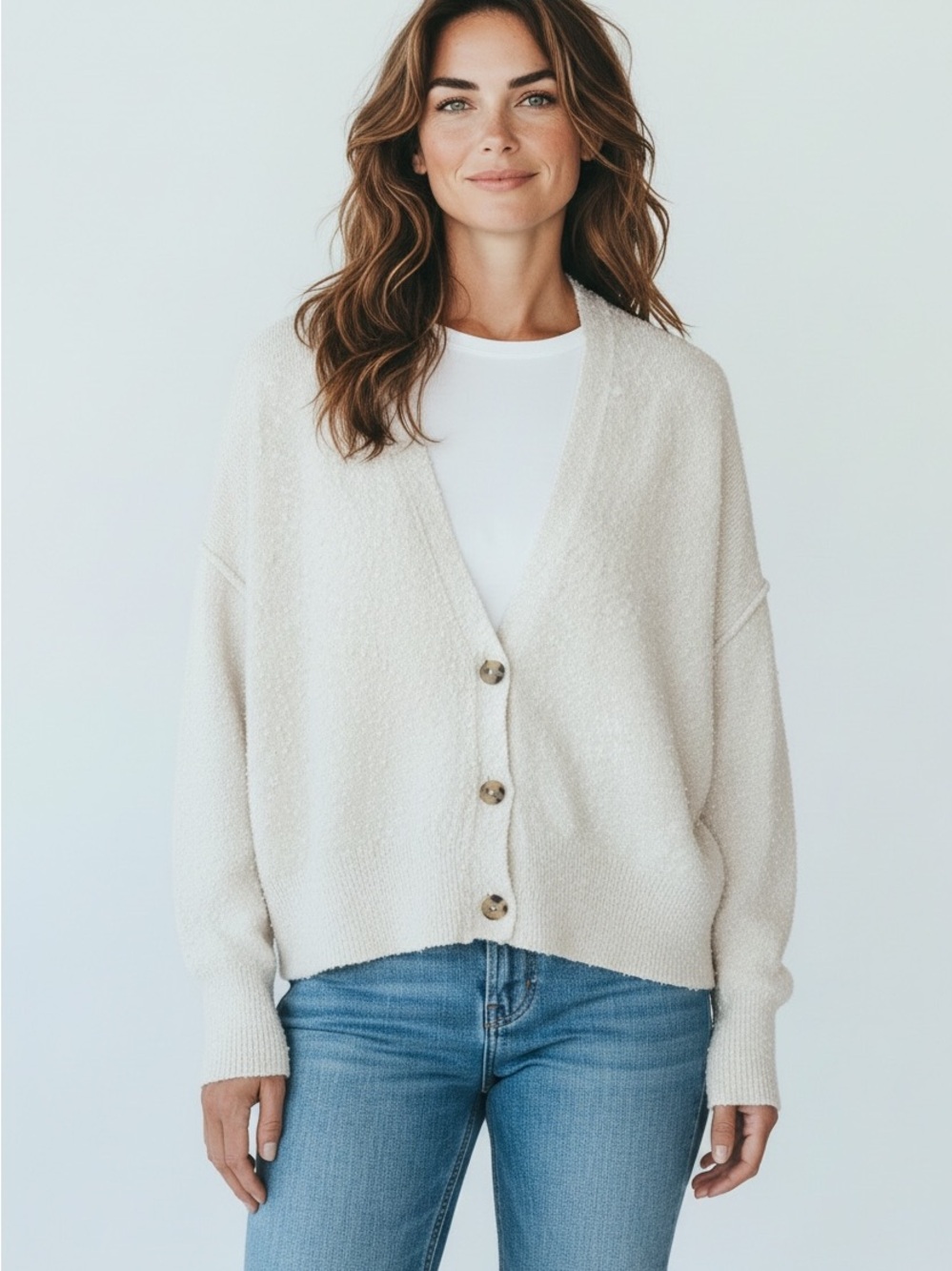 10 Free People Cream Button-Up Relaxed Knit Cardigan